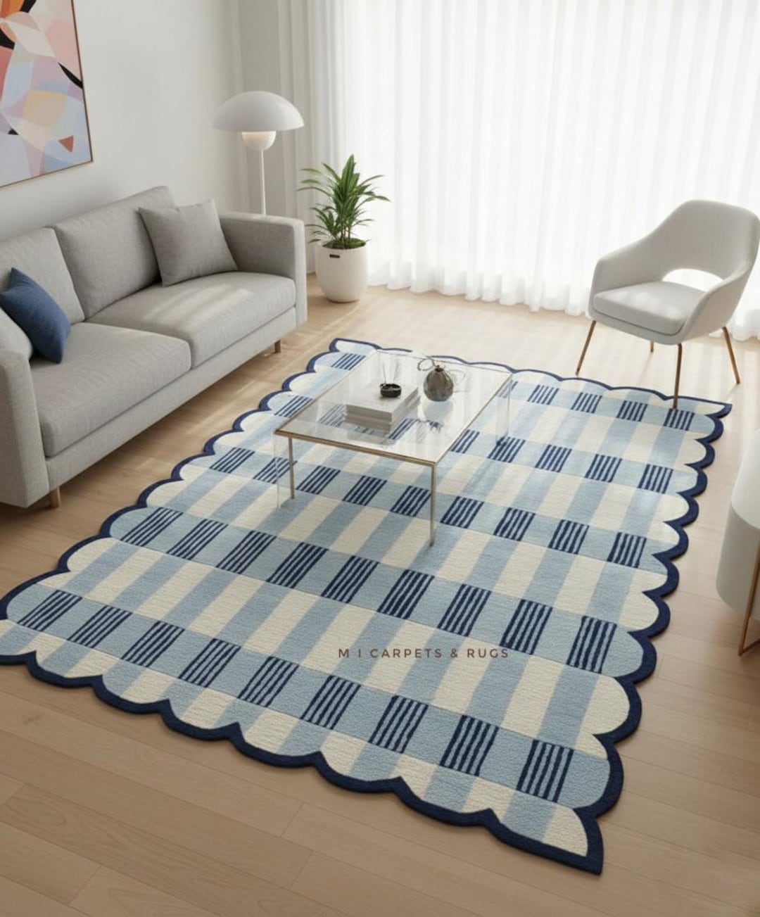 Hand-tufted Blue Checkered Wool Rug | Modern Scalloped Border Rug in ...