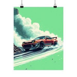 Könnte beinhalten: Ein Poster mit einem roten Sportwagen, der auf einer kurvenreichen Straße driftet. Das Auto ist in Bewegung dargestellt, mit Rauch, der von den Reifen aufsteigt. Der Hintergrund ist hellgrün mit stilisierten Wolken und einem felsigen Hügel.