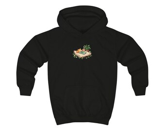 Mysig estetisk konst för gamers, Lofi handhållen konsol och sovande kattdesign, pastellfärgad illustration för speluppsättningar med huvtröja