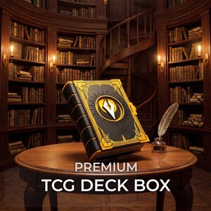 May include: A black and gold TCG deck box designed like a vintage book, featuring a central emblem of a stylized fountain pen nib. The box is positioned on a wooden table next to a glass inkwell containing a white quill feather pen.
