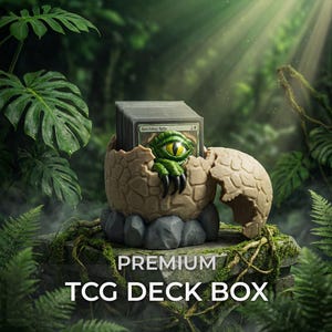 May include: A TCG deck box shaped like a cracked, textured beige egg resting on gray stones. A green, scaly creature with a single yellow eye and black claws emerges from the top, holding a stack of trading cards labeled Hatchling Relic.