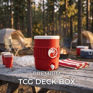 May include: A cylindrical red TCG deck box with a white lid and a white circular logo featuring a flame graphic on the front. The deck box has a white spigot at the base and is positioned on a wooden table next to two red cups and a striped cloth.