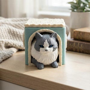 May include: A decorative cat figurine with blue eyes peeks out from a teal-colored house-shaped box. The cat has gray and white fur. The box has a textured, off-white roof and a light blue interior.