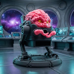 May include: A detailed figurine of Krang from Teenage Mutant Ninja Turtles. The pink brain-like creature with yellow eyes is encased in a black robotic body with mechanical legs. The figure is set against a futuristic, space-themed background.