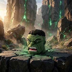 May include: A green, muscular character head with dark hair and an angry expression, featuring a furrowed brow and bared teeth. The head is positioned in the center of a cracked, dark gray stone surface, surrounded by rocky cliffs with glowing green light.