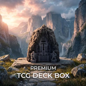 May include: A gray TCG deck box shaped like a rocky mountain entrance with two small figures flanking the central gate. The text PREMIUM TCG DECK BOX is printed in white at the bottom of the image against a backdrop of tall mountain peaks.