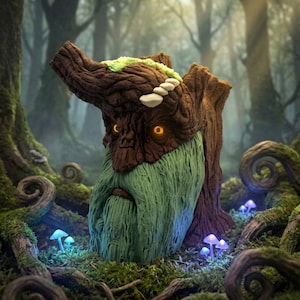 May include: A whimsical sculpture of a tree-like figure with a long green beard and glowing orange eyes. The sculpture has a brown wooden texture with green moss and white mushroom accents, set in a forest scene.