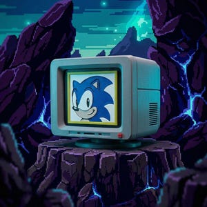 Puede incluir: Un televisor de estilo retro muestra una imagen pixelada de Sonic the Hedgehog. El televisor es gris con un botón de encendido rojo y una base negra. El fondo presenta un paisaje pixelado con formaciones rocosas moradas y un cielo azul.