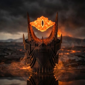 May include: A detailed sculpture of a dark, imposing tower with a fiery orange eye at the top. The eye is the focal point, glowing brightly against a dark, ominous sky. The tower's design is intricate, with sharp edges and a menacing aesthetic.