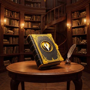 Puede incluir: Un libro negro grande con detalles dorados y un emblema central que representa una pluma. El libro está sobre una mesa de madera, con una pluma y un tintero. El fondo es una biblioteca con estanterías y una escalera de caracol.