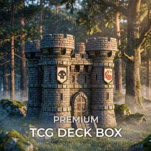 Könnte beinhalten: Eine graue, burgförmige TCG-Deckbox aus Stein mit vier Zinnentürmen, einem zentralen Bogentür-Eingang aus Holz und zwei Wappen mit einem schwarzen Totenkopf und einem roten Drachensymbol. Der Text PREMIUM TCG DECK BOX ist unten in Weiß aufgedruckt.