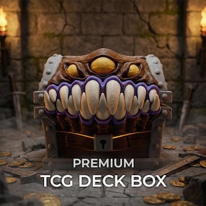 May include: A brown wooden TCG deck box shaped like a monster chest with large white teeth, purple gums, and three yellow eyes. The box features grey metal-like corner reinforcements and a central keyhole. Text reads: PREMIUM TCG DECK BOX.