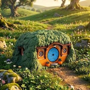 May include: A miniature hobbit-style house with a bright blue circular door, orange brick walls, and two small round windows. The structure is covered in thick green foliage and features two small orange planters with green plants by the entrance.