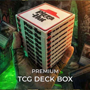 May include: A square white TCG deck box featuring the Pizza Hut logo on the top and sides. The sides are printed with the text No One OutPizzas The Hut repeatedly in black and red, with small red roof icons interspersed between the lines of text.