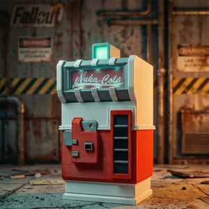 Könnte beinhalten: Ein rot-weiß-grauer Nuka-Cola-Verkaufsautomat mit dem Text "Nuka-Cola" auf der Vorderseite. Die Maschine hat ein grünes Licht oben und steht vor einem rostigen Metallhintergrund. Das Design erinnert an die Fallout-Videospielserie.