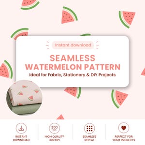 Peut inclure: Motif de pastèque sans couture avec des couleurs rose, rouge et vert. Idéal pour le tissu, la papeterie et les projets de bricolage. Le texte "Téléchargement instantané" et "Motif de pastèque sans couture" est inclus.