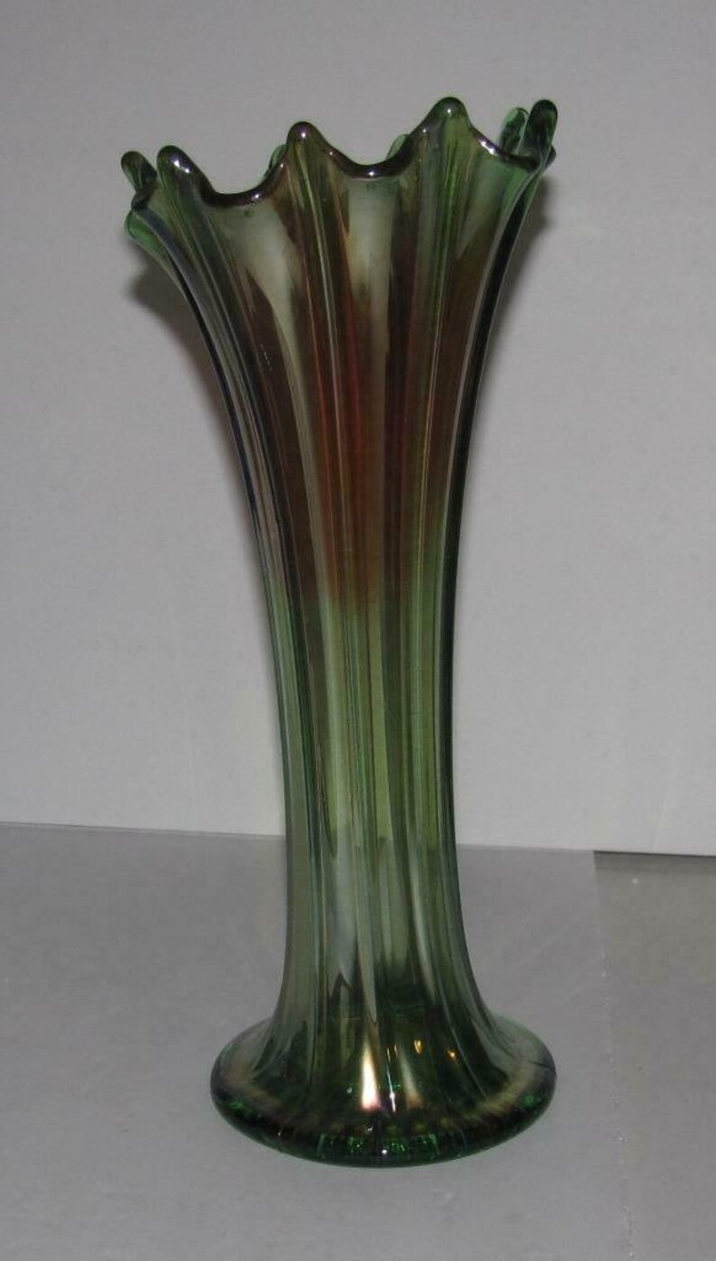 Northwood Green glass Ribbed Swing Swung Stretch Vase Etsy