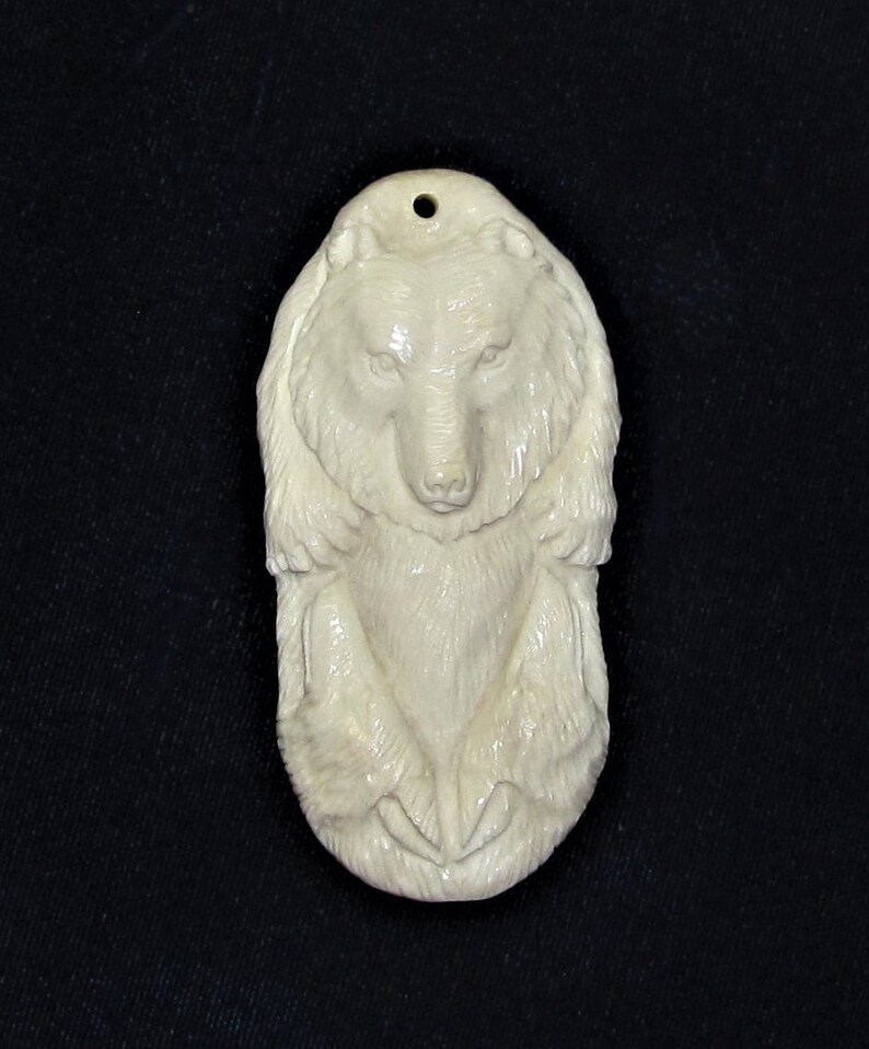 Detailed Hand Carved Bone Bear /& Wolves Pendant Medallion 3 X 1.5