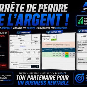 Puede incluir: Gráfico promocional con el texto "ARRÊTE DE PERDRE DE L'ARGENT!" en blanco y azul. Incluye gráficos, tablas y texto en francés, promocionando un sistema de negocios. El fondo es azul oscuro.