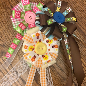 Aesthetic Button Rosettes/Ribbon Badges, Y2K Cute Pins Brown and Blue, Pink and Green, White and Orange
