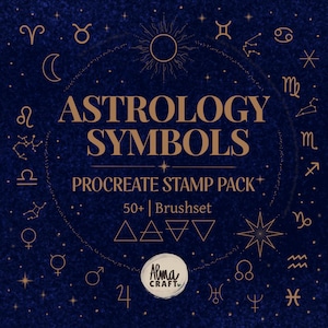 Op de afbeelding: Een digitale afbeelding met de tekst ASTROLOGY SYMBOLS PROCREATE STAMP PACK 50+ Brushset en Alma Craft. De donkerblauwe achtergrond is versierd met goudkleurige sterrenbeelden, planetaire symbolen, sterren en elementaire driehoeken.