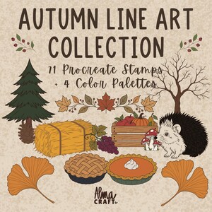 May include: Digital graphic set titled AUTUMN LINE ART COLLECTION featuring 11 Procreate stamps and 4 colour palettes. Illustrations include a pine tree, hay bale, grapes, wooden crate with fruit, mushrooms, a hedgehog, and two pies.
