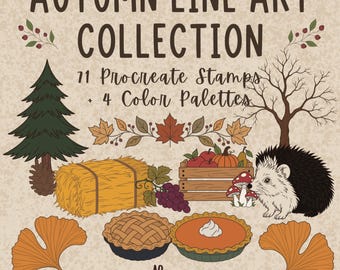Autumn Line Art Collection | 71 Procreate Stamps + 4 Color Palettes