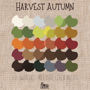 Puede incluir: Una paleta de colores digital titulada HARVEST AUTUMN que presenta 30 muestras dispuestas en una cuadrícula. Los colores incluyen tonos de blanco, gris, verde, amarillo, naranja, rojo, marrón y morado oscuro. El texto 30 SWATCHES - PROCREATE COLOR PALETTE y Alma CRAFT es visible.