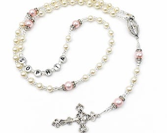 Custom Rosary Made With Glass Pearl, First Communion Gift, Custom Baptism Gift, Personalized Rosary With Name, Hand Made Rosary.