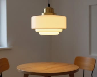 French Vintage Brass Pendant Light Milky Glass Ceiling Lamp