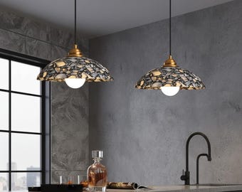 Vintage Marble Pendant Light Black Copper Hanging Lamp Decorative Fixture