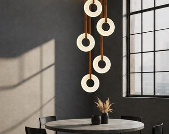 Alabaster Ring Chandelier Leather Strap LED Pendant Light Luxury Dining Ceiling Fixture