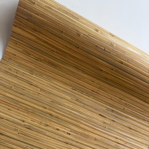 May include: A roll of natural grasscloth wallpaper featuring a textured, linear pattern in shades of golden tan, light brown, and beige. The material displays a woven, organic appearance with visible horizontal fibers and subtle color variations.