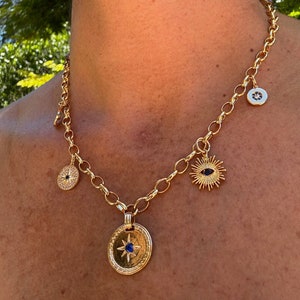 Charm Vignette with Evil Eye on Gold Filled Chain Necklace. Fashion statement gemstone lightweight. Holidays wife mother gift jewelry women