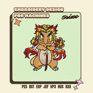 May include: An embroidery design for machines featuring a cartoon creature with yellow eyes, a tan body, and spiky red and yellow hair, holding a sword. The text reads EMBROIDERY DESIGN FOR MACHINES, 5size, and file formats PES DST EXP JEF VP3 HUS XXX.