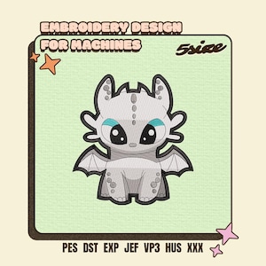 May include: An embroidery design for machines featuring a light gray dragon character with large black eyes, teal accents, and small wings. The text reads EMBROIDERY DESIGN FOR MACHINES, 5size, and PES DST EXP JEF VP3 HUS XXX. The design is on a light green background.