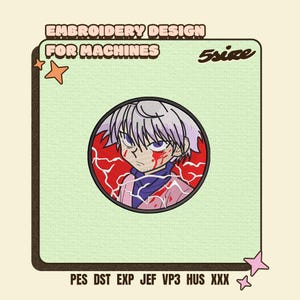 May include: A circular embroidery design for machines featuring an anime character with spiky white hair, purple eyes, and red markings on the face. The background is red with white lightning bolts. Text includes EMBROIDERY DESIGN FOR MACHINES, 5size, and PES DST EXP JEF VP3 HUS XXX.