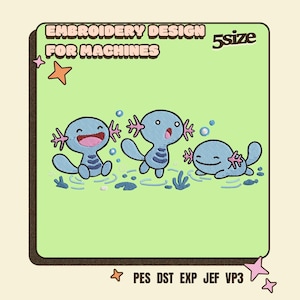 May include: An embroidery design for machines featuring three light blue axolotls with pink gills and dark blue markings. The text reads EMBROIDERY DESIGN FOR MACHINES, 5size, and PES DST EXP JEF VP3. Small orange and pink stars decorate the corners.