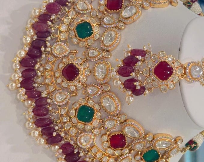 Featured listing image: Sunheri Kundan Bridal Set | Ruby Emerald Doublet Necklace, Polki Earrings