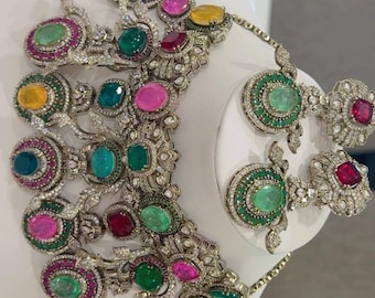 Sabyasachi Inspired Moissanite Doublet Choker Set, Multicolor Indian Bridal Jewelry