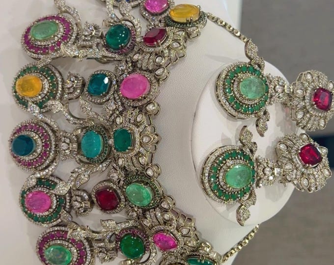 Featured listing image: Sabyasachi Inspired Moissanite Doublet Choker Set, Multicolor Indian Bridal Jewelry
