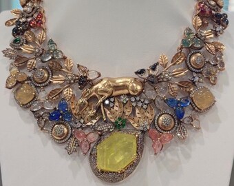 Sabya-Inspired Floral Statement Necklace Set, Gold Tone, Gemstone Earrings