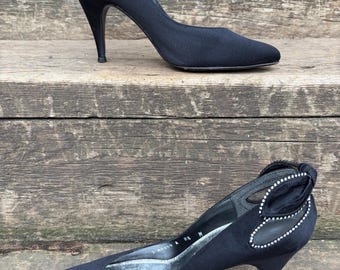 Vintage 1980s Stewart Weitzman for Mr. Seymour black satin pumps size 8.5M