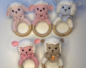 Crochet Baby Teether, Wooden Ring Teething Toy, Amigurumi Lamb Rattle, Crochet Dog Baby Teether, Organic Baby Gift, Montessori Toy