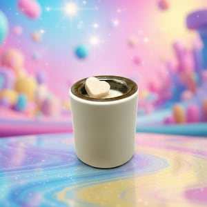 Peut inclure: Un chauffe-cire en céramique blanc avec un bord marron foncé, contenant un fondant en forme de cœur. Le chauffe-cire est posé sur un fond coloré et tourbillonnant. Thème : produit de parfum d'intérieur.