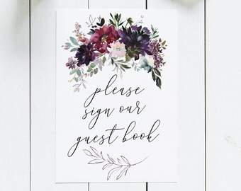 Watercolor Flower Guest Book Sign Instant Download