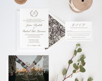 Monogram Laurel Calligraphy Wedding Invitation Suite Printable