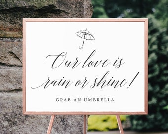 Our Love is Rain or Shine Grab An Umbrella Wedding Sign | Regnerische Hochzeit, Regenschirm Schild, Regen Plan