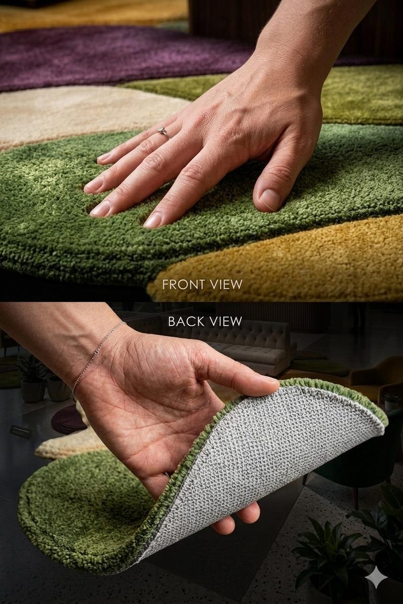 May include: Close-up of a multi-colored rug with a circular design. The rug features shades of green, gold, purple, and beige. The image shows both the front and back of the rug, highlighting its texture and construction. The text "FRONT VIEW" and "BACK VIEW" are visible.