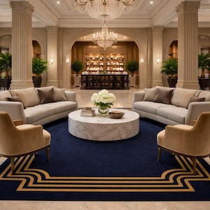 Könnte beinhalten: Elegante Hotellobby mit großem Kronleuchter, Sitzecke und Bar im Hintergrund. Die Sitzecke verfügt über zwei Sofas, zwei Sessel und einen runden Marmor-Couchtisch auf einem marineblauen Teppich.
